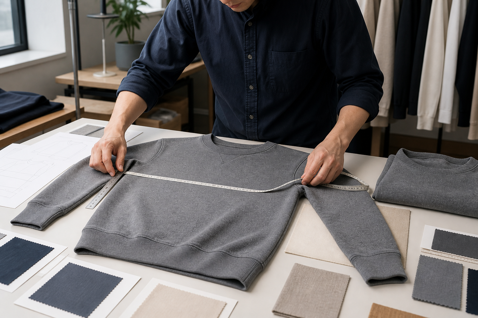 Garment technician measuring an unbranded gray sweatshirt in an apparel quality-control studio.