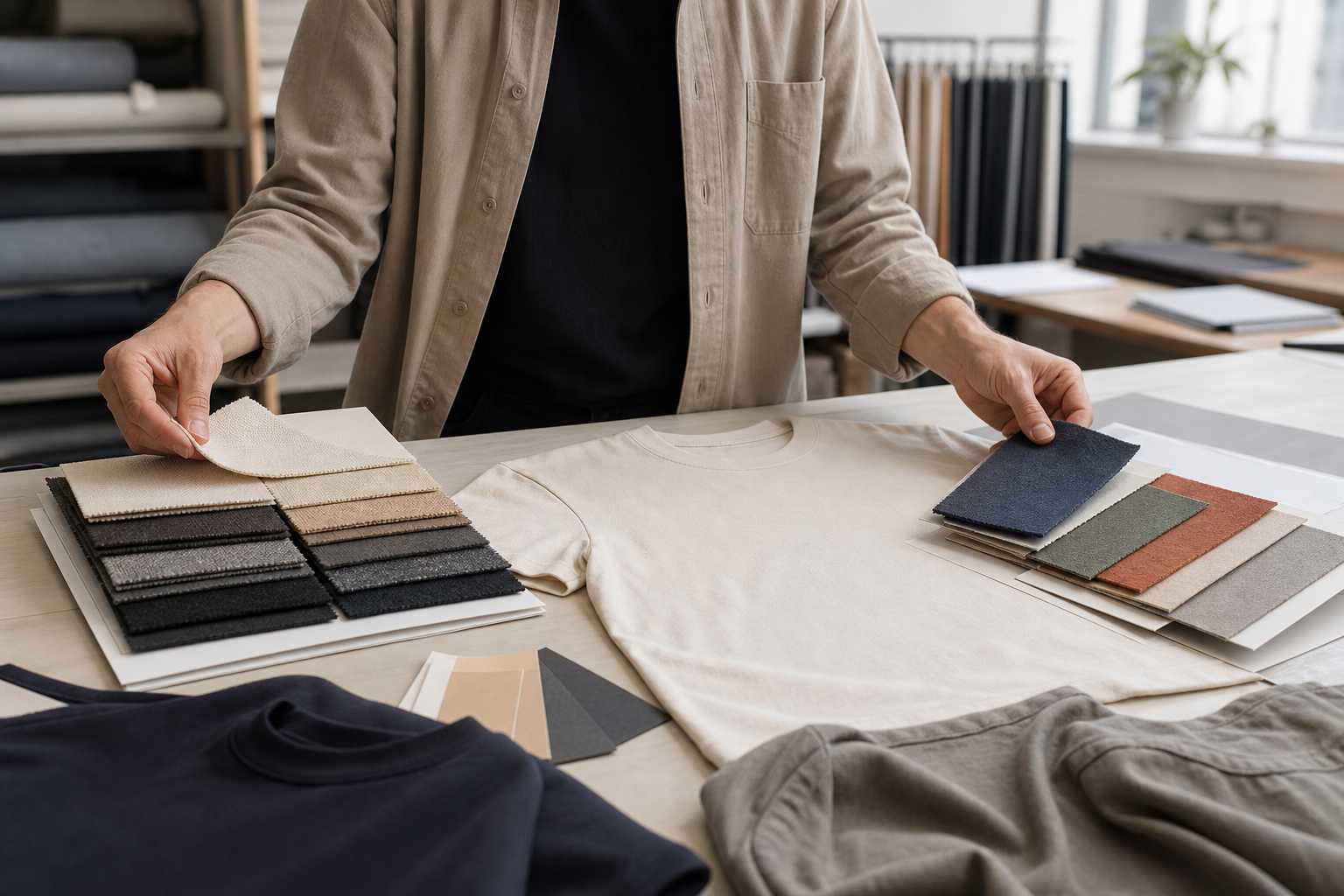 Garment developer comparing stock fabric swatches and custom fabric options for clothing production.
