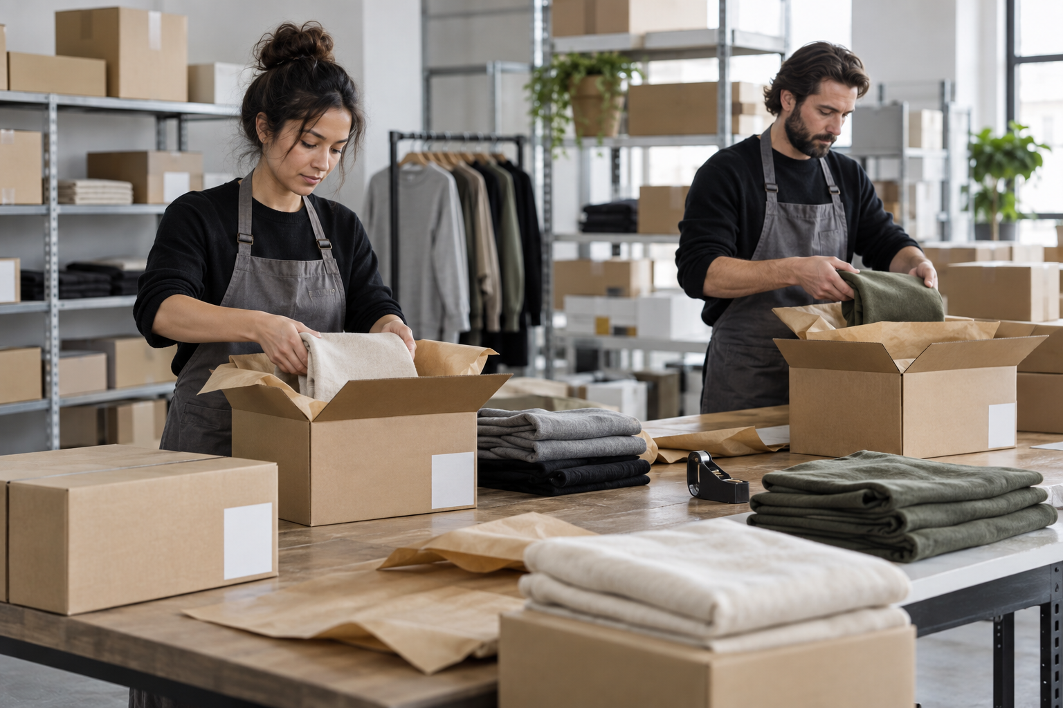 Apparel professionals packing unbranded folded garments into plain shipping cartons at a clothing fulfillment station.