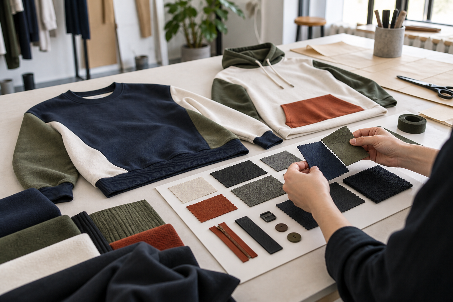 Unbranded color-block apparel samples with coordinated fabric swatches and trims in a garment development studio.