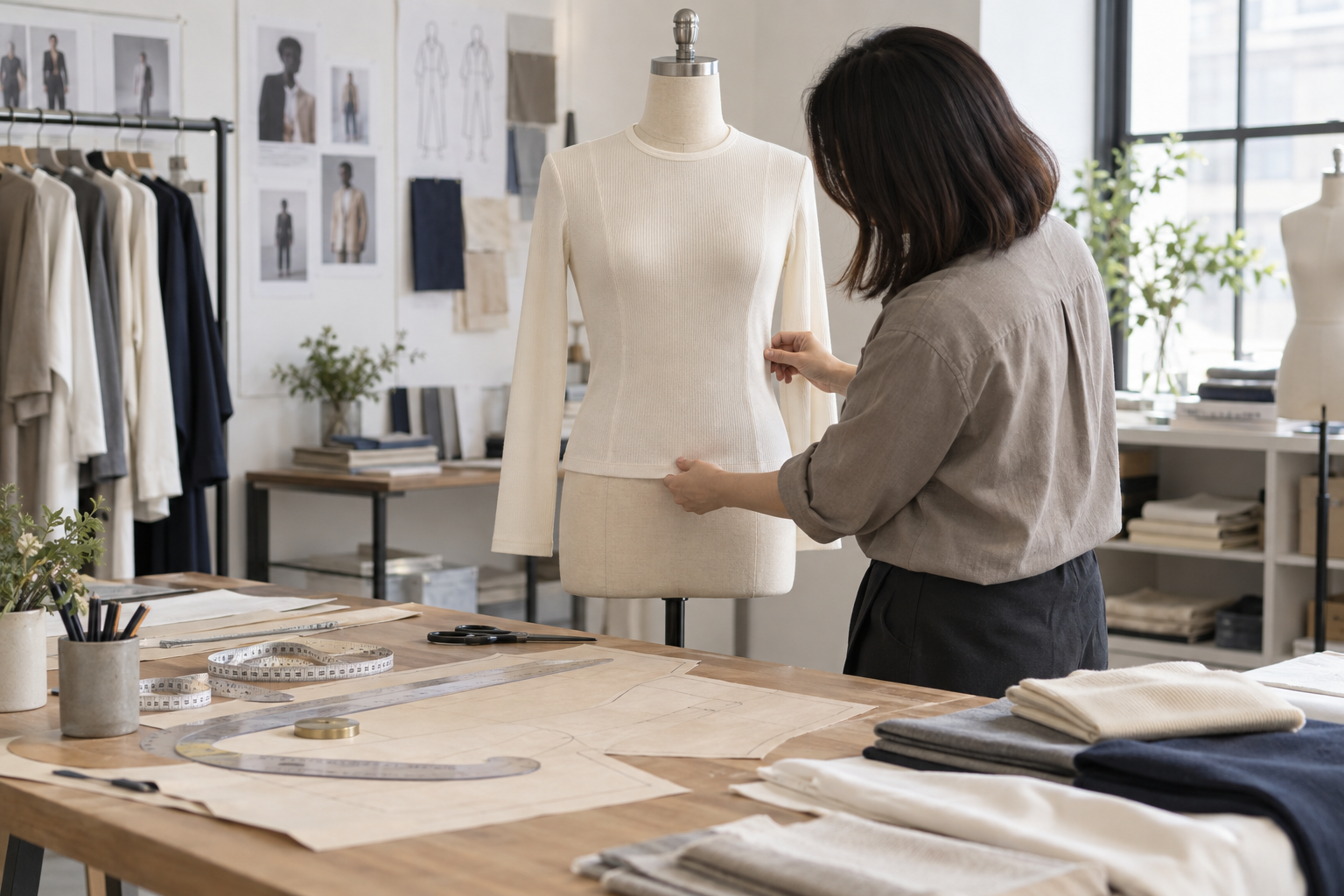 Apparel developer checking the fit of an unbranded knit top on a dress form with pattern pieces and fabric swatches.