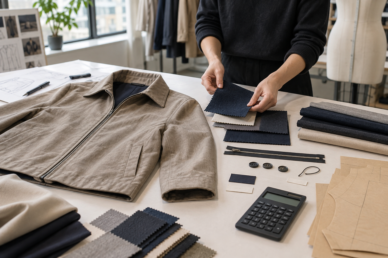 Apparel developer comparing an unbranded jacket sample, fabric swatches, zipper, buttons, and pattern pieces in a garment studio.