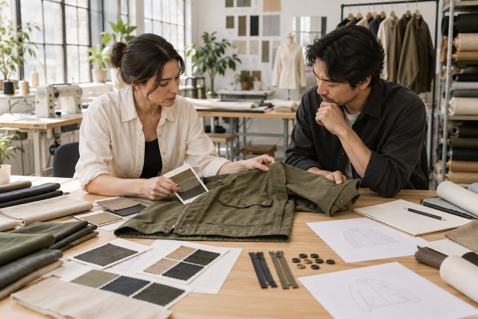 Two apparel professionals reviewing an unbranded utility jacket sample, fabric swatches, zippers, and production details in a garment studio.