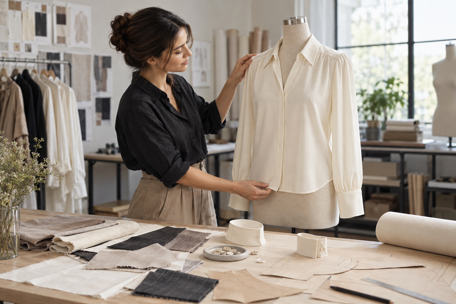 Apparel developer inspecting an unbranded ivory custom blouse sample with fabric swatches, cuffs, and pattern pieces.