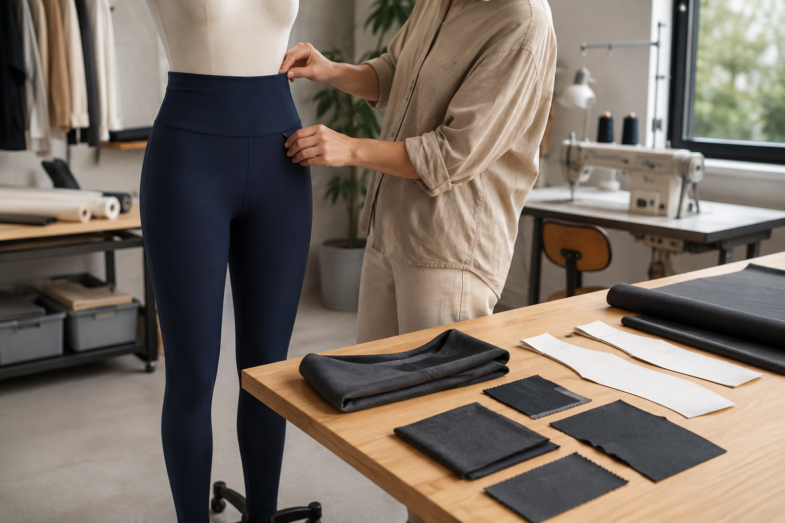 Apparel developer reviewing unbranded navy leggings, stretch fabric swatches, and pattern pieces in a garment workshop.