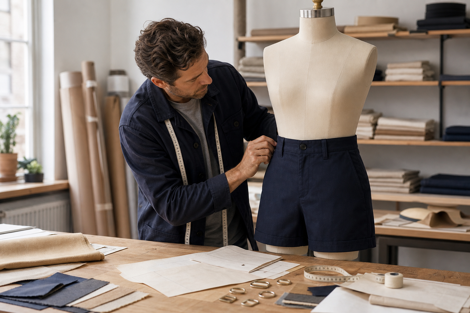 Apparel developer reviewing an unbranded navy shorts sample with cotton twill swatches and pattern pieces in a garment studio.