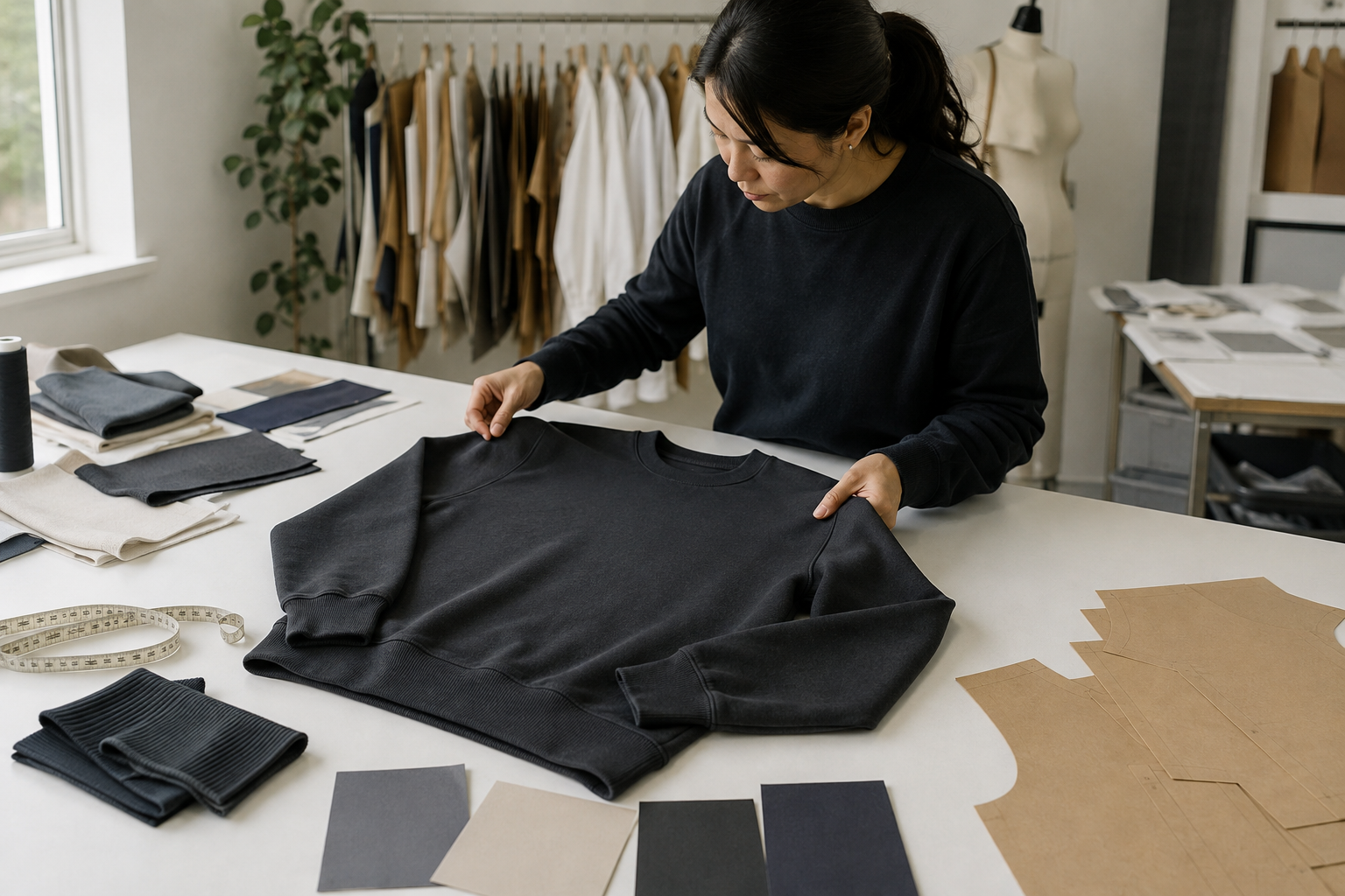 Apparel developer reviewing an unbranded charcoal custom sweatshirt sample with rib knit, fabric swatches, and pattern pieces in a garment studio.
