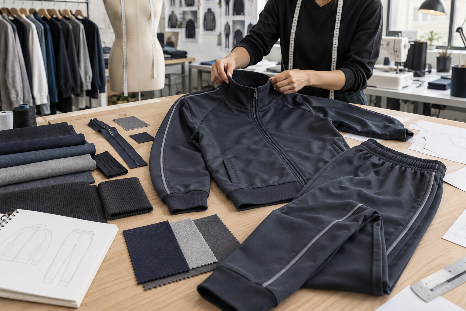 Unbranded custom tracksuit jacket and pants with coordinated fabric swatches and zipper components in an apparel development studio.
