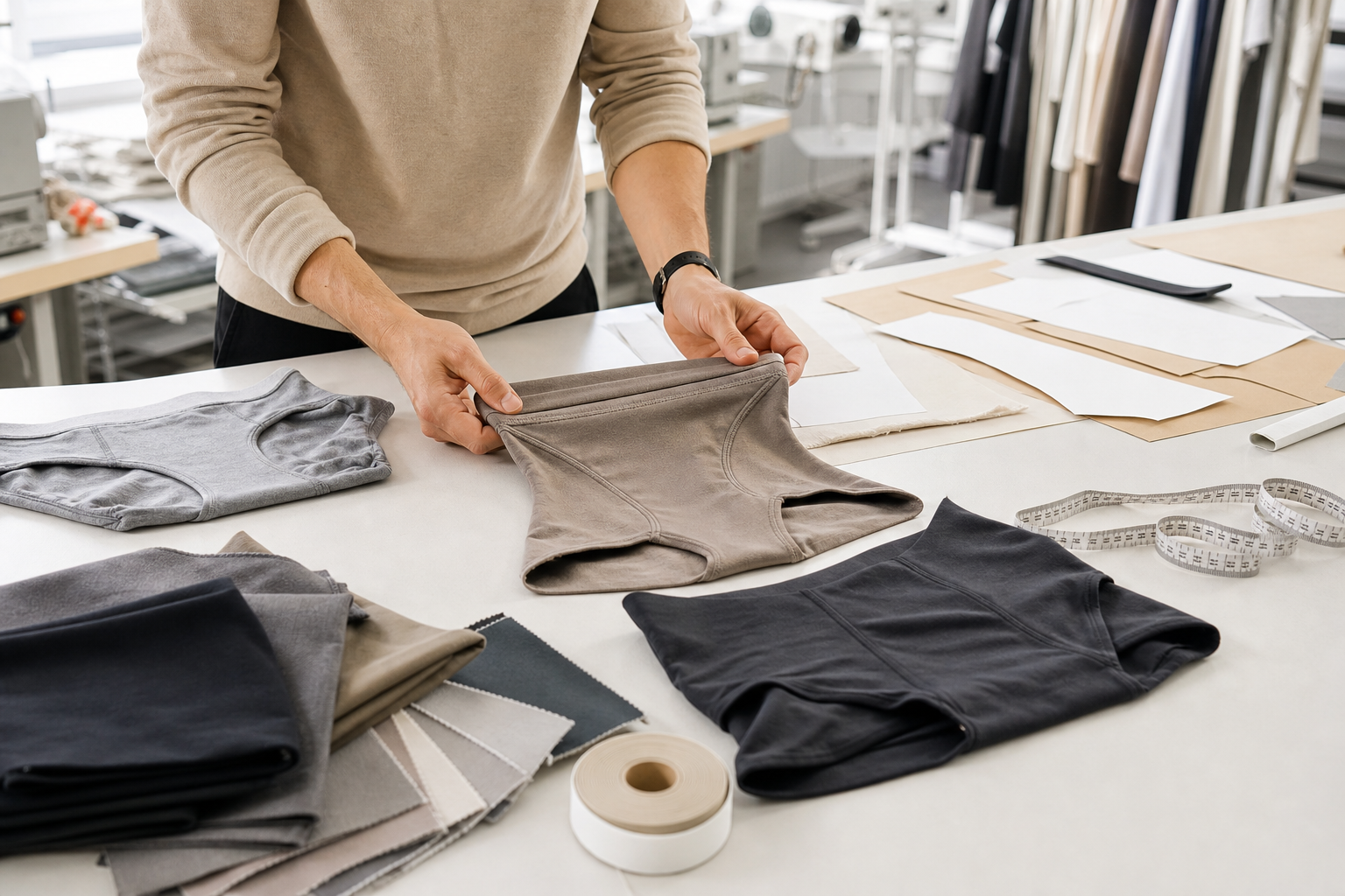 Apparel developer reviewing unbranded underwear samples, stretch fabric swatches, and waistband elastic in a garment workshop.