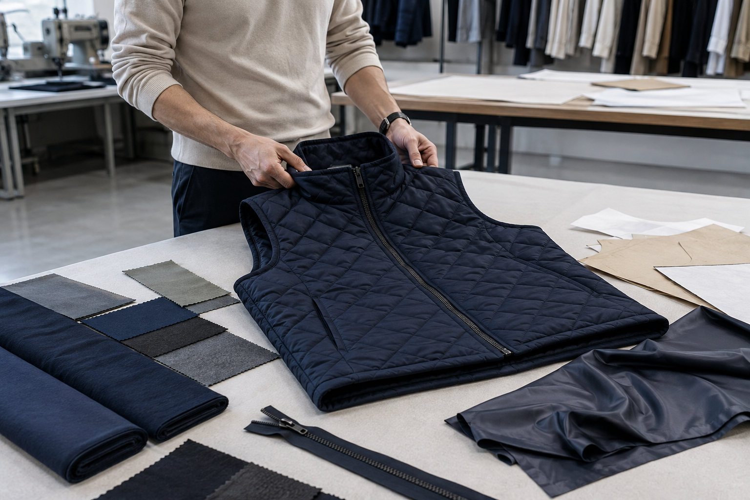 Apparel developer reviewing an unbranded navy quilted vest sample, fabric swatches, lining, and zipper in a garment workshop.