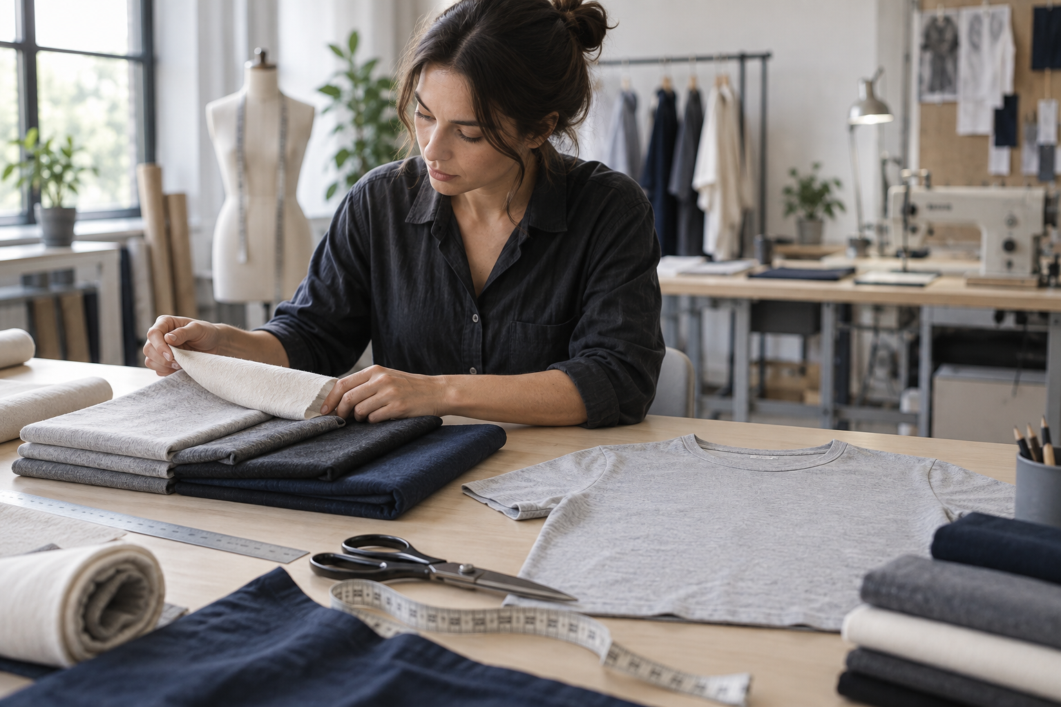 Garment developer comparing unbranded fabric swatches of different weights beside a T-shirt sample in an apparel studio.