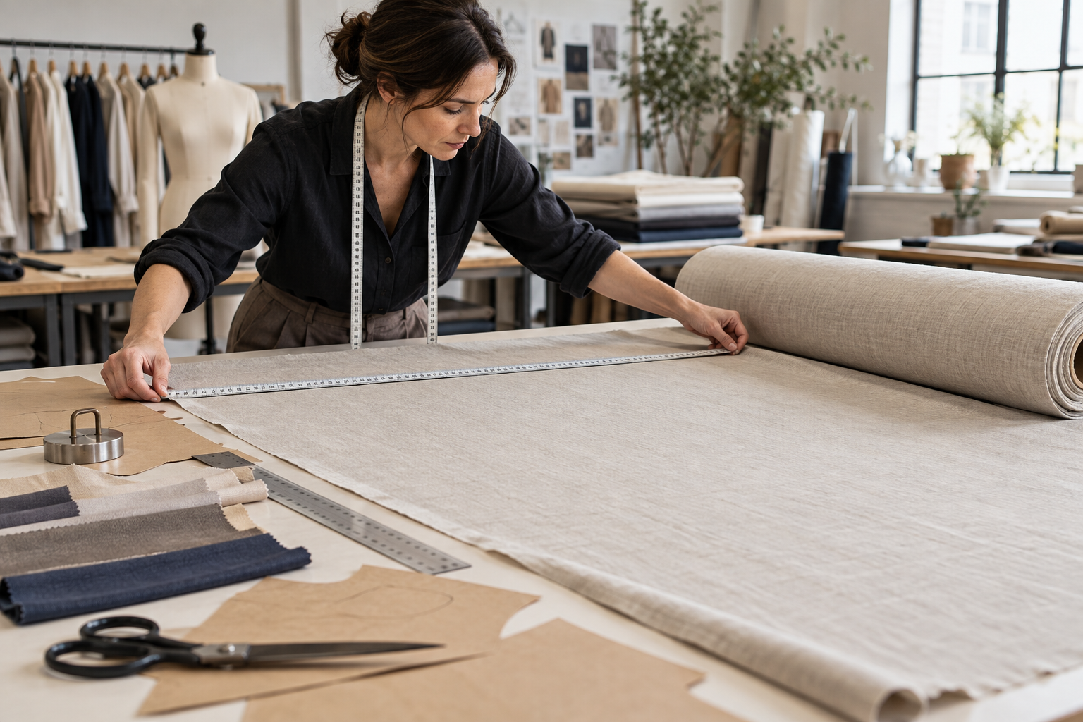 Garment developer measuring the usable width of an unbranded woven fabric roll on a clothing production table.