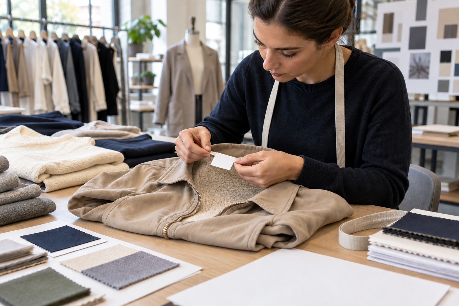 Apparel technician checking a blank care label on an unbranded garment in a clothing development studio.