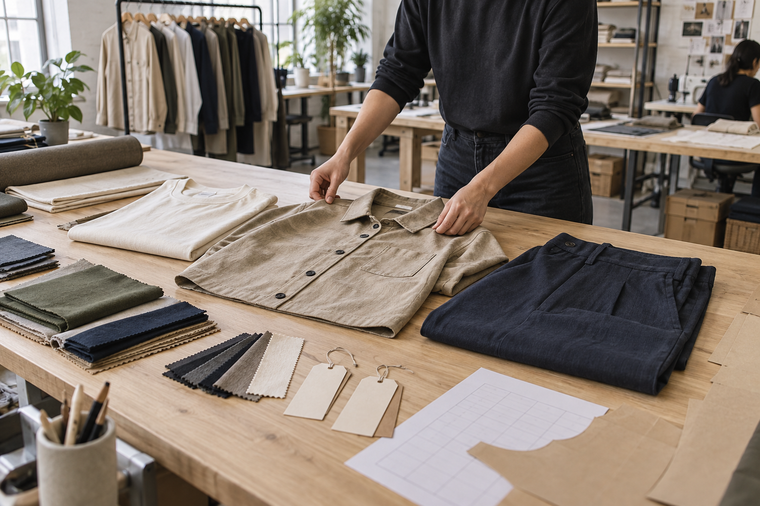 Garment developer organizing unbranded clothing samples, fabric swatches, and blank order tags for made-to-order production.