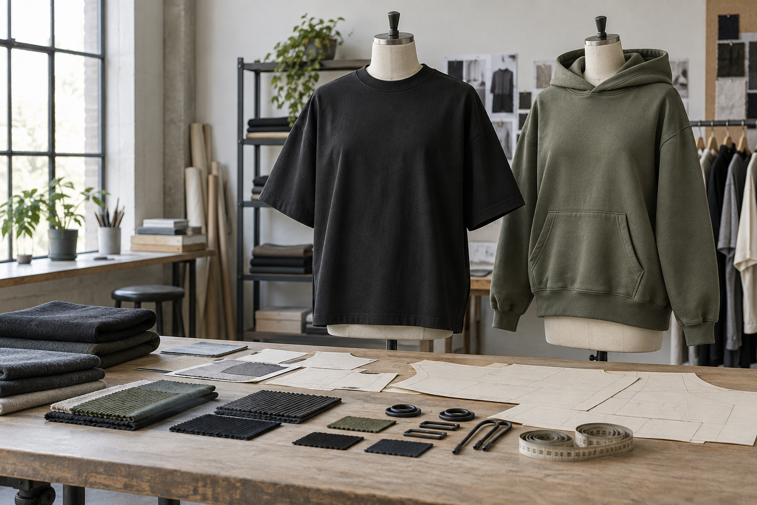 Unbranded streetwear T-shirt and oversized hoodie with fabric swatches and pattern pieces in an apparel development studio.