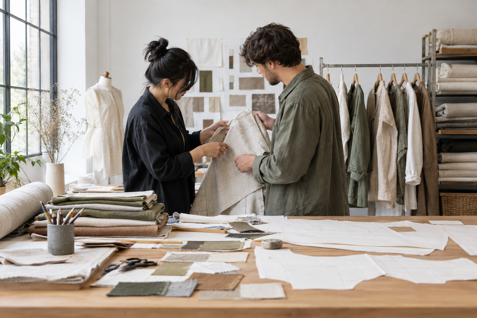 Apparel developers reviewing an unbranded garment sample, neutral fabric swatches, and pattern pieces in a clothing development studio.