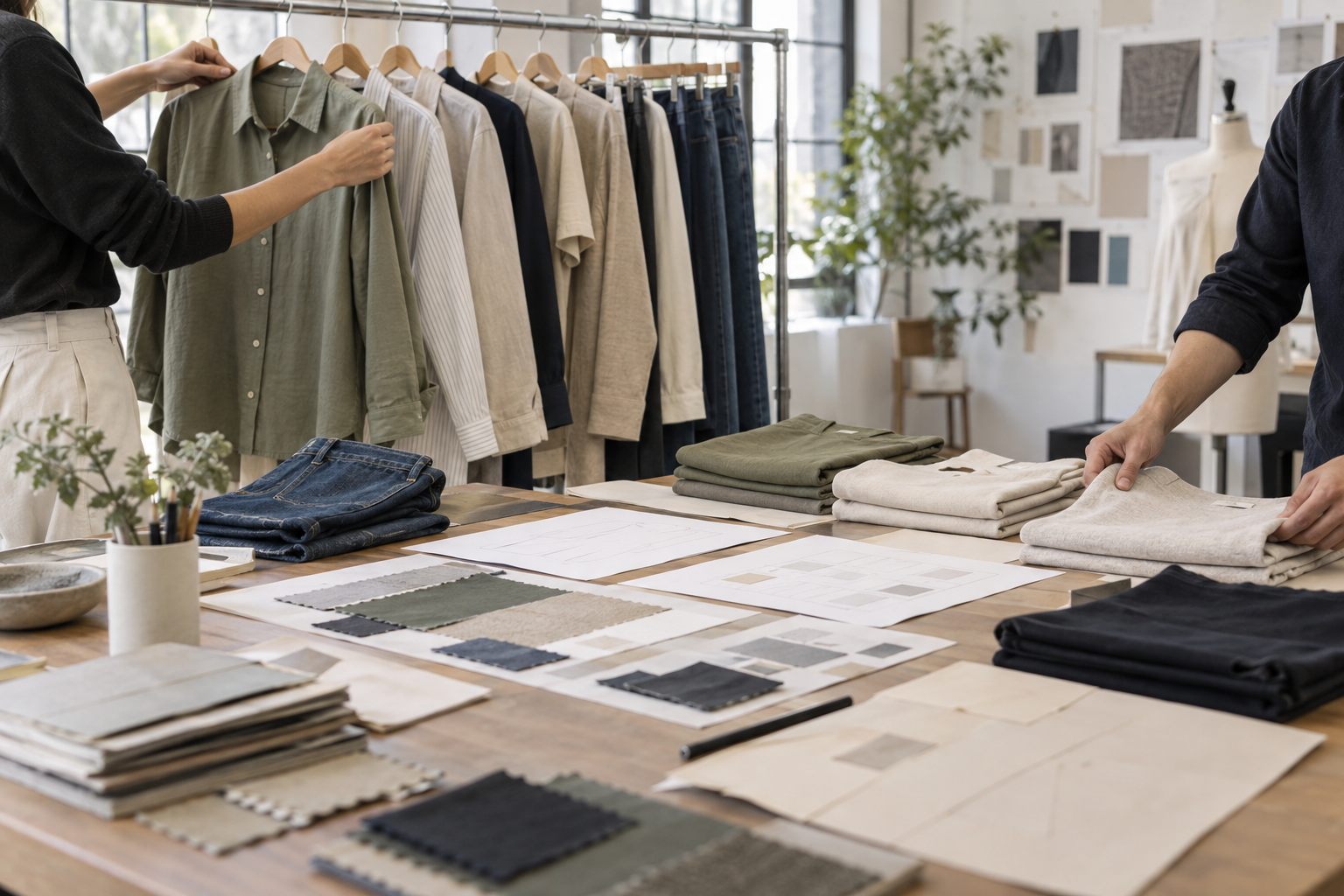 Apparel team preparing an unbranded wholesale clothing collection with coordinated garments and fabric swatches.