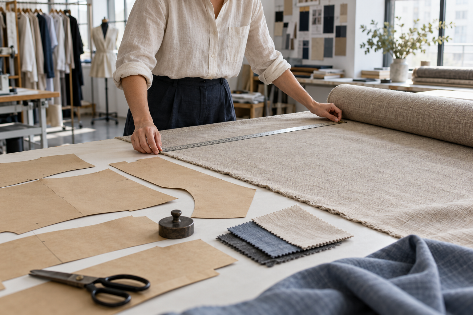 Apparel product developer measuring unbranded fabric beside garment pattern pieces for production planning.