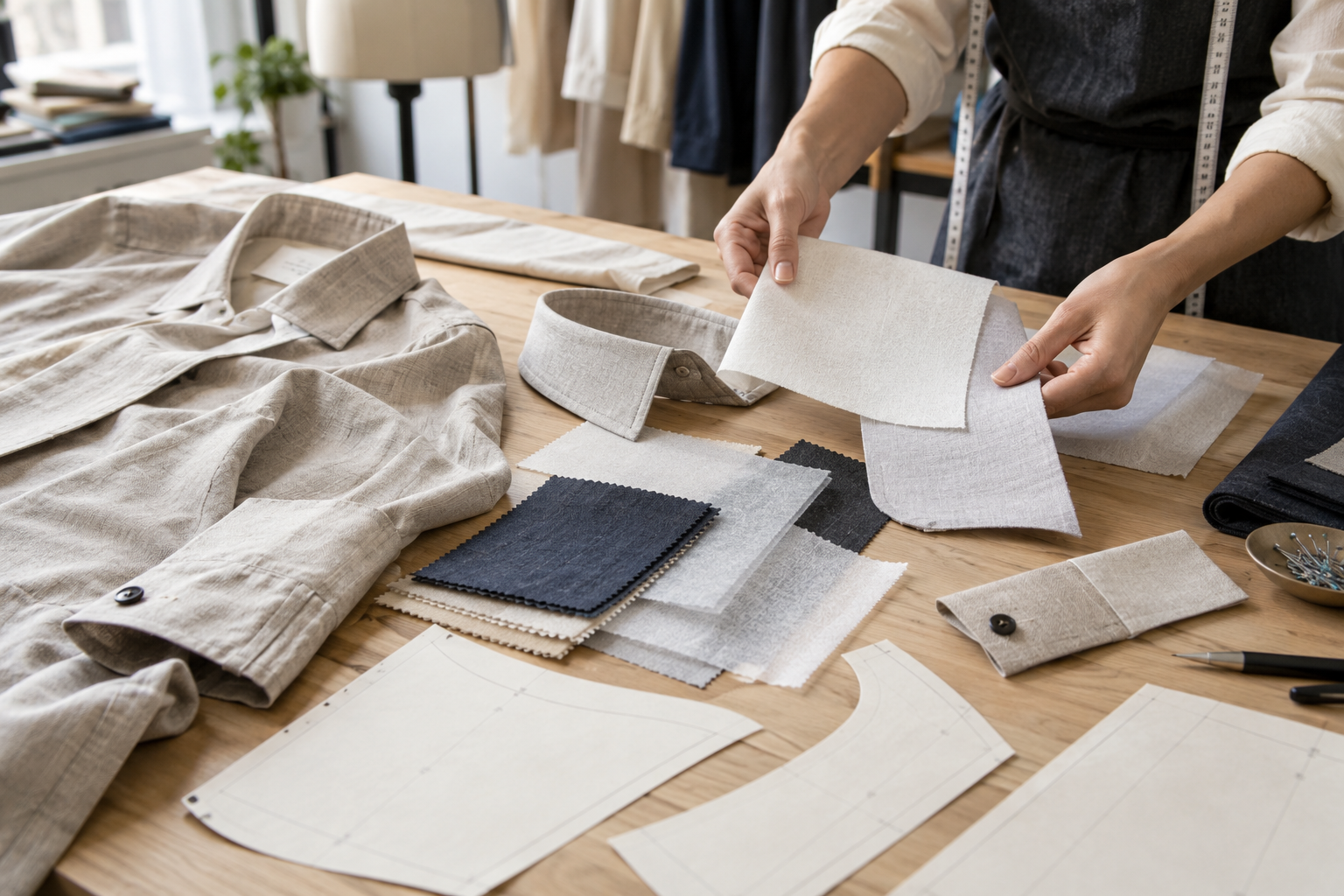 Apparel developer comparing unbranded collar components, outer fabric, and interlining samples on a clothing development table.