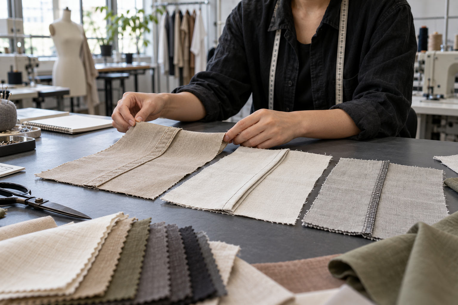 Apparel technician reviewing unbranded fabric panels with different seam constructions in a clothing development studio.